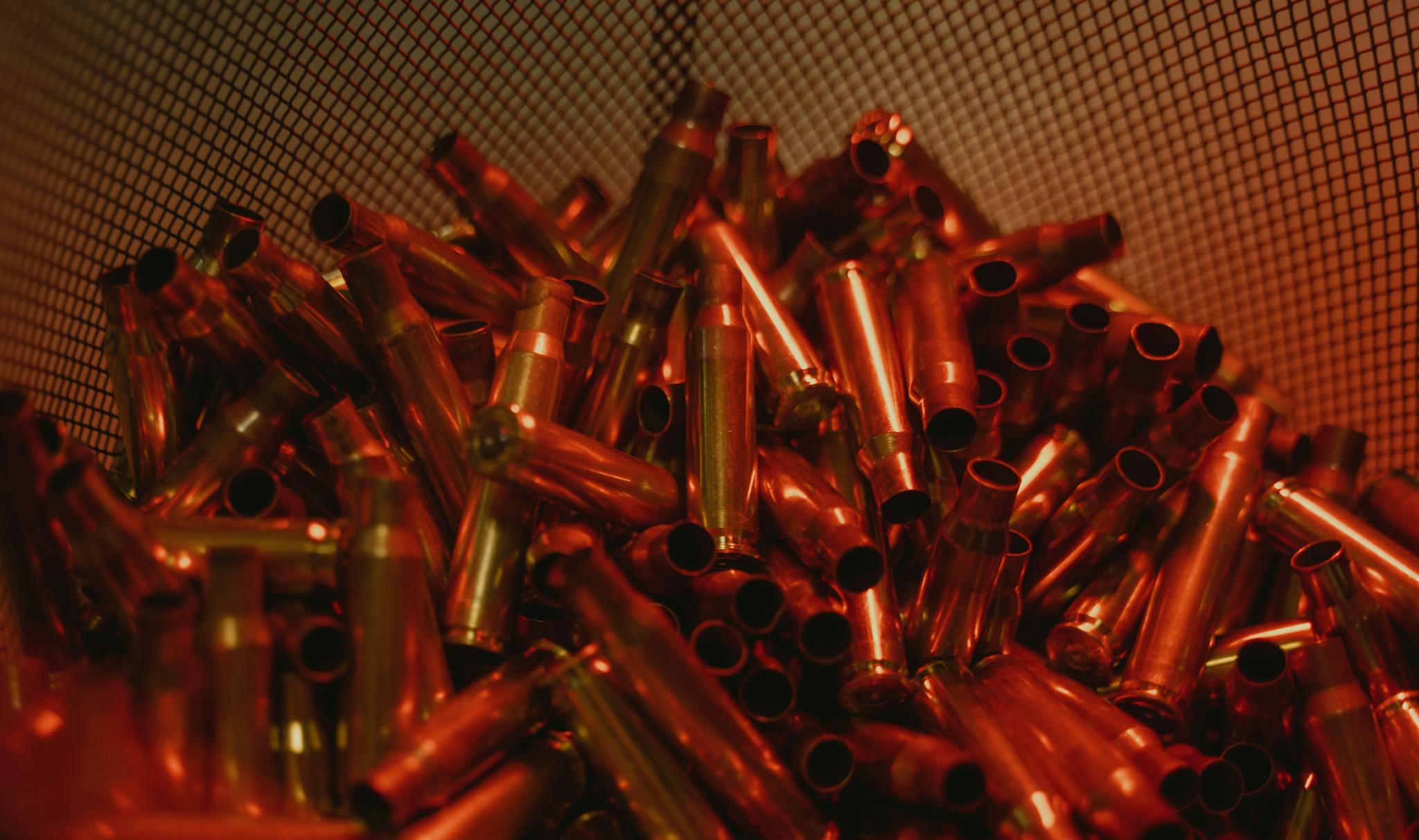 Metallic brass ammunition casings in a bin under warm lighting.